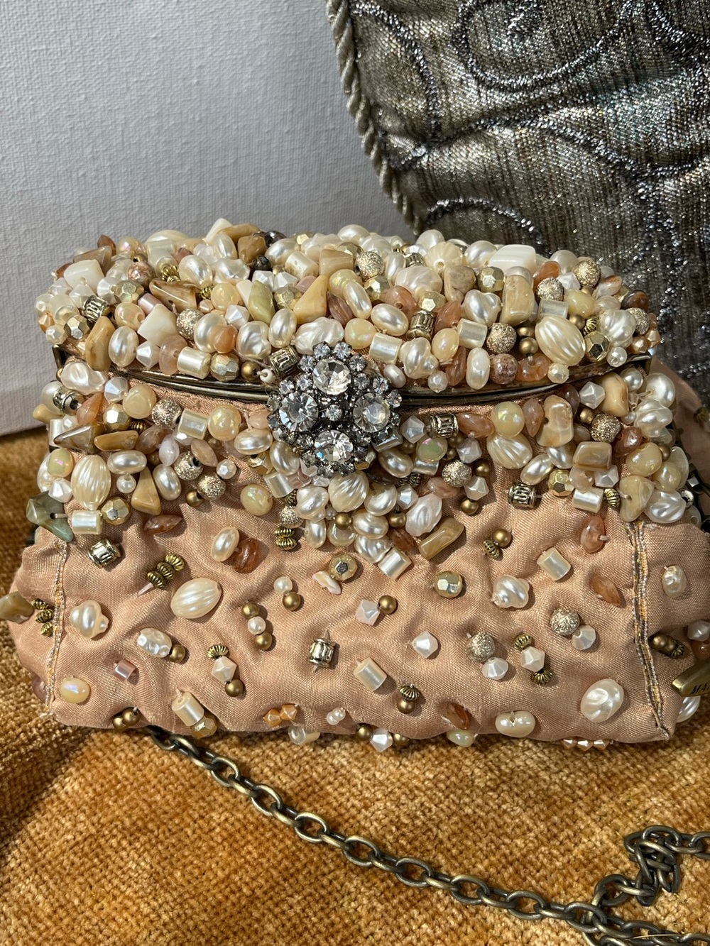 Mary Frances Vintage Champagne Pearl & Crystal Beaded Bag, EUC